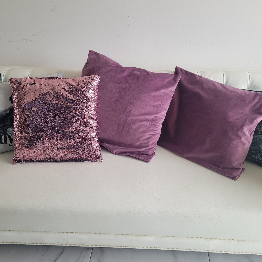 3 Mauve Pink Sequin and Velvet Throw Pillows